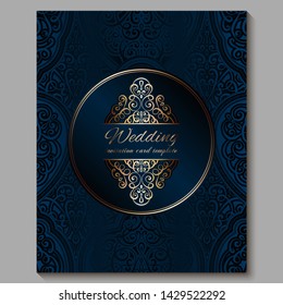 Wedding invitation card with gold shiny eastern and baroque rich foliage. Royal blue Ornate islamic background for your design. Islam, Arabic, Indian, Dubai