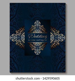 Wedding invitation card with gold shiny eastern and baroque rich foliage. Royal blue Ornate islamic background for your design. Islam, Arabic, Indian, Dubai