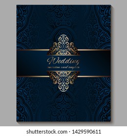 Wedding Invitation Card With Gold Shiny Eastern And Baroque Rich Foliage. Royal Blue Ornate Islamic Background For Your Design. Islam, Arabic, Indian, Dubai