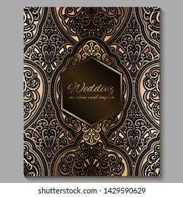 Wedding invitation card with gold shiny eastern and baroque rich foliage. Royal bronze Ornate islamic background for your design. Islam, Arabic, Indian, Dubai