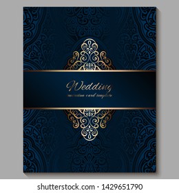 Wedding Invitation Card With Gold Shiny Eastern And Baroque Rich Foliage. Royal Blue Ornate Islamic Background For Your Design. Islam, Arabic, Indian, Dubai