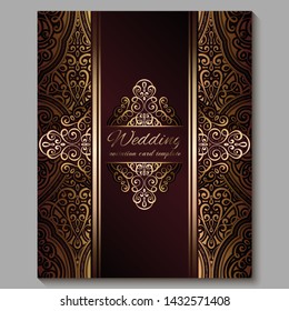 Wedding invitation card with gold shiny eastern and baroque rich foliage. Royal red Ornate islamic background for your design. Islam, Arabic, Indian, Dubai