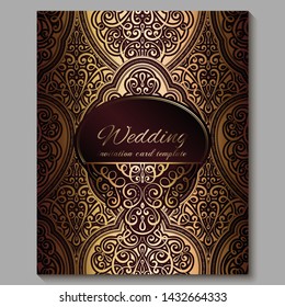 Wedding invitation card with gold shiny eastern and baroque rich foliage. Royal red Ornate islamic background for your design. Islam, Arabic, Indian, Dubai