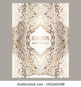 Wedding invitation card with gold shiny eastern and baroque rich foliage. Ornate islamic background for your design. Islam, Arabic, Indian, Dubai