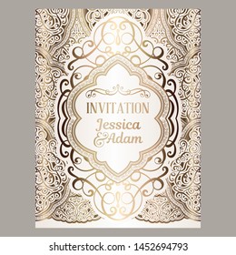 Wedding invitation card with gold shiny eastern and baroque rich foliage. Ornate islamic background for your design. Islam, Arabic, Indian, Dubai