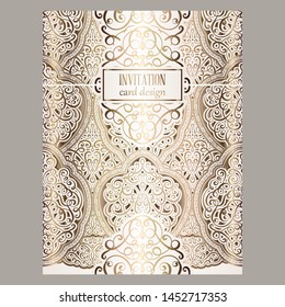 Wedding invitation card with gold shiny eastern and baroque rich foliage. Ornate islamic background for your design. Islam, Arabic, Indian, Dubai