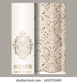 Wedding invitation card with gold shiny eastern and baroque rich foliage. Ornate islamic background for your design. Islam, Arabic, Indian, Dubai