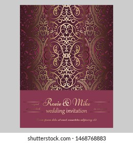 Wedding invitation card with gold and velvet red shiny eastern and baroque rich foliage. Ornate brocade background for your design. Intricate design template.