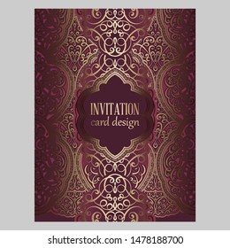 Wedding invitation card with gold and velvet red shiny eastern and baroque rich foliage. Ornate brocade background for your design. Intricate design template.