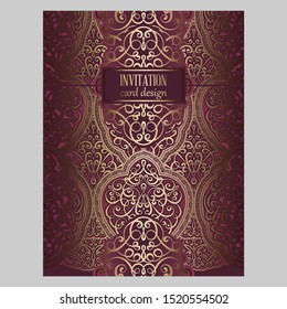 Wedding invitation card with gold and velvet red shiny eastern and baroque rich foliage. Ornate brocade background for your design. Intricate design template.