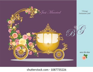 Wedding invitation card with golden baroque metal element and carriage decorated with roses 