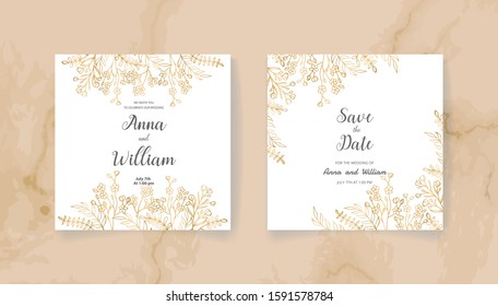 Wedding invitation card with golden flowers leaves and branches