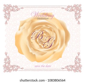 Wedding invitation card with Golden rose and vintage Victorian elements. 