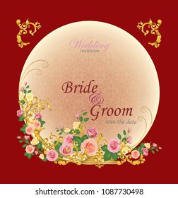 Wedding invitation card with Golden vintage baroque elements frame and decorated with  roses 