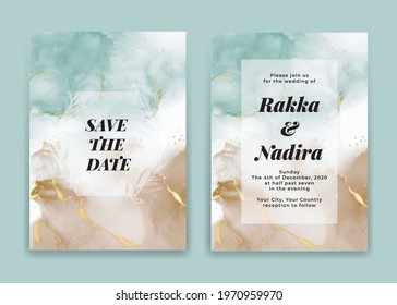 wedding invitation card with golden water and sand sea waves shapes