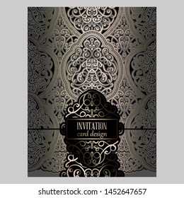 Wedding invitation card with gray and gold gold shiny eastern and baroque rich foliage. Ornate islamic background for your design. Islam, Arabic, Indian, Dubai