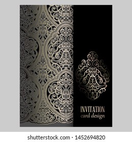 Wedding invitation card with gray and gold gold shiny eastern and baroque rich foliage. Ornate islamic background for your design. Islam, Arabic, Indian, Dubai