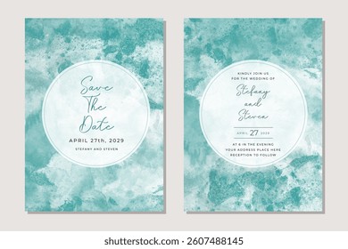 wedding invitation card with green abstract watercolor background