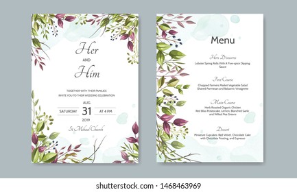 wedding invitation card with green leaves template