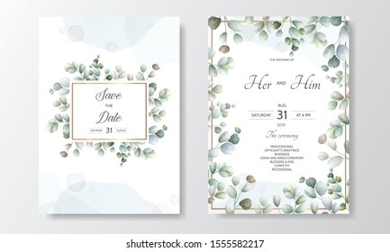 wedding invitation card with green leaves template