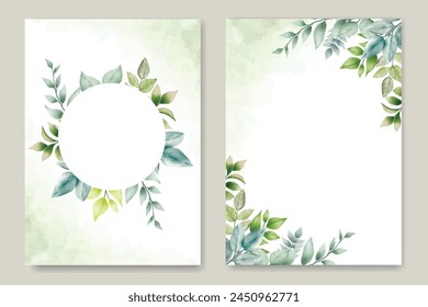 wedding invitation card with green leaves watercolor