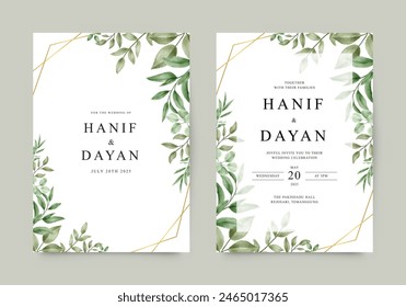 Wedding invitation card with green leaves and geometric frame