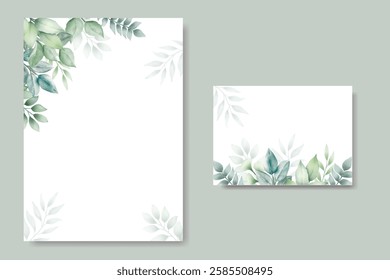 wedding invitation card with green leaves watercolor