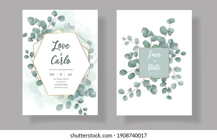 Wedding invitation card with greenery eucalyptus leaves