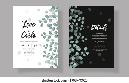 Wedding invitation card with greenery eucalyptus leaves