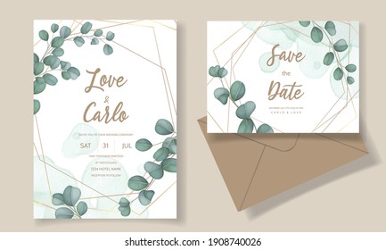 Wedding invitation card with greenery eucalyptus leaves