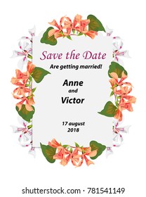 Wedding invitation card, greeting card vector floral greenery design. Pink,white flowers of pelargonium, branch green leaves foliage, decorative frame. Poster, banner. Watercolor art illustration  