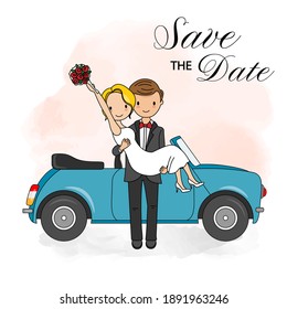 Wedding invitation card. Groom carrying his girlfriend in front car