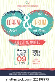 Wedding invitation card with grunge endless love symbol. Vector illustration. Painted design elements.