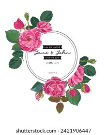 Tarjeta de invitación a bodas para invitados del evento. Círculo con la fecha y los nombres de la novia y del novio. Sencillo marco elegante con flores, hojas y rosas florecientes. Vector de felicitaciones en estilo plano