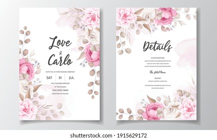 Wedding Invitation Card With Hand Draw Peach And Brown Floral