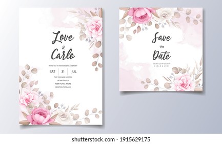 Wedding invitation card with hand draw peach and brown floral