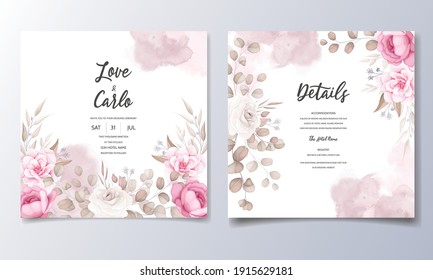 Wedding Invitation Card With Hand Draw Peach And Brown Floral