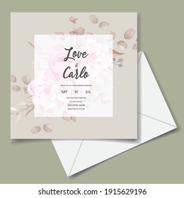 Wedding invitation card with hand draw peach and brown floral