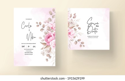 Wedding Invitation Card With Hand Draw Peach And Brown Floral