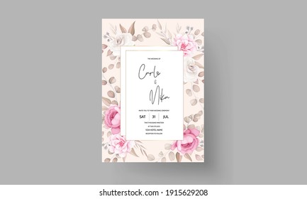 Wedding invitation card with hand draw peach and brown floral