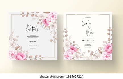 Tarjeta de invitación a la boda con melocotón de mano y floral marrón