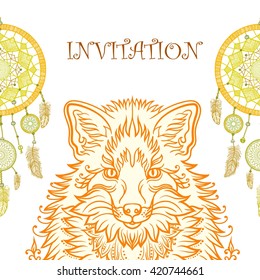Wedding invitation card with hand drawing fox. Hipster tattoo design vector