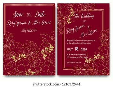 Wedding invitation card with hand drawn floral template collection. 