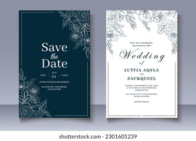 Tarjeta de invitación de boda con decoración floral de mano dibujada