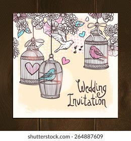 Wedding invitation card with hand drawn birds in cages with flower and hearts decoration vector illustration