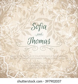 Wedding invitation card with hand drawn floral elements. Elegant marriage background.