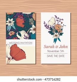 Wedding invitation card with hand drawn flower and ribbon background, vector illustration 
