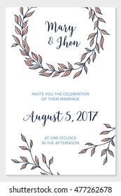 Wedding invitation card with hand drawn branches. Vector wedding template.