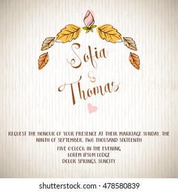 Wedding invitation card with hand drawn floral elements. Elegant marriage background. Save the date invite