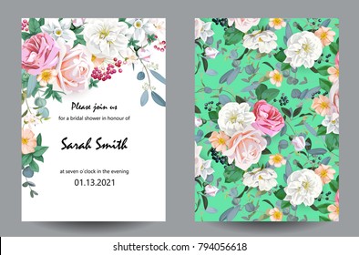  wedding invitation card with hand drawn flower template.Bridal shower with pale roses